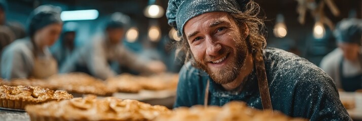 Baker smiling proudly in a busy bakery with pies being prepared and baked in the background during a lively morning