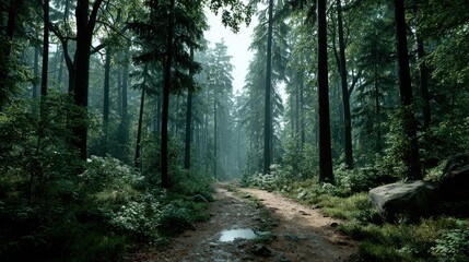 Fototapeta premium Dirt Path Through Dense Forest with Tall Trees