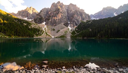 Mountain lake mirroring peaks