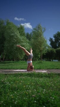 Graceful Young Woman Performing Advanced Elbow Stand Yoga Poses (Pincha Mayurasana) Including Straight Elbow Stand, Tuck, Straddle, and Scorpion in a Serene Park Setting