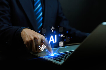 
AI Technology Artificial Intelligence Humans use intelligent robot technology Visualize complex data sets on computers Data Mining Artificial Intelligence Machine Learning Business Analytics