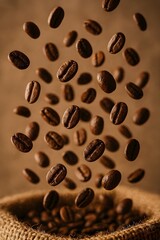 Obraz premium A dynamic scatter of roasted coffee beans frozen mid-air above a blurred burlap sack — rich textures, earthy tones, and hints of dust particles add depth, captured in sharp focus.