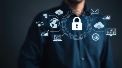 A hand interacts with a digital interface displaying a padlock icon representing online security data protection and cybersecurity against cyber threats - Powered by Adobe