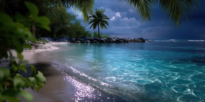 Secluded beach reveals calm waters and lush palm trees under an overcast sky during twilight