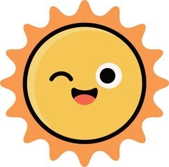 A friendly cartoon sun winking and smiling, symbolizing happiness, summer, and sunny weather in a cute and playful emoji-like style with bright colors.