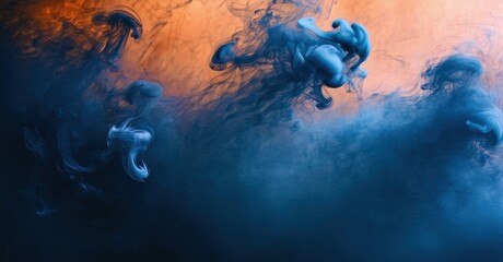 Abstract fluid dynamics. Blue ink swirls meet orange hues. Dramatic lighting creates ethereal shapes, captivating visual texture.