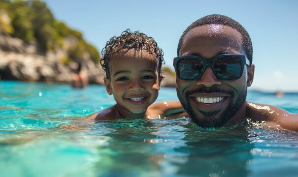 Happy smiling Black African American father and son swimming during a summer vacation holiday, Generative AI