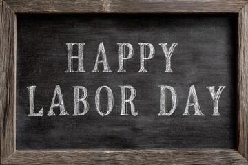 Vintage blackboard featuring a wooden frame, celebrating Labor Day with a cheerful chalk greeting, honoring hard work and dedication