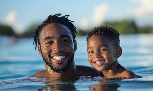 Happy smiling Black African American father and son swimming during a summer vacation holiday, Generative AI - Powered by Adobe