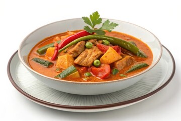 Bowl of delicious thai red curry with chicken and fresh vegetables