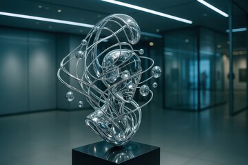 Transparent Wireframe Head With Orbiting Spheres