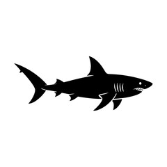 Obraz premium Monochrome vector illustration of a menacing great white shark silhouette. Simple, bold design of an aggressive shark with sharp teeth, fins, and tail. Ideal for marine life, ocean themes, or danger/t