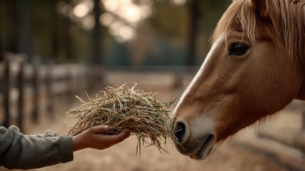 Horse Eating Hay From Human Hands