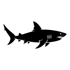 Obraz premium Black and white vector illustration of a great white shark silhouette. Monochrome shark icon, logo, or graphic design element featuring fins, tail, teeth, and body. Simple, bold shark illustration for