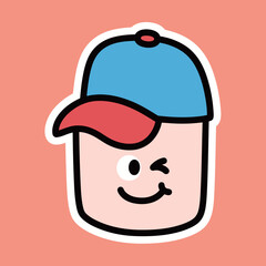 Cute cartoon character wearing a baseball cap, winking and smiling cheerfully, a fun and playful sticker design isolated on an orange background.