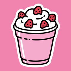 Delicious and cute strawberry milkshake in a pink cup, topped with whipped cream, a sticker design perfect for food and drink themes, isolated on a pink background.