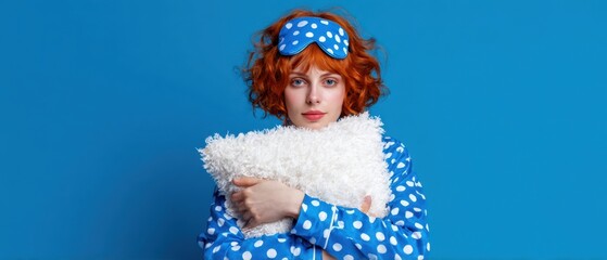 Fototapeta premium The playful woman in polka dot pajamas cuddling a fluffy pillow.