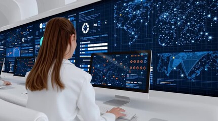 Scientists working in futuristic laboratory analyzing data on computer screens - Powered by Adobe