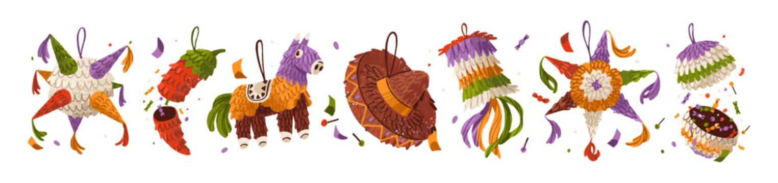 Mexican pinatas set. Different paper figures, toys with shapes of llama, donkey, star with candies, sweets for game at Birthday party in Mexico. Flat isolated vector illustrations on white background