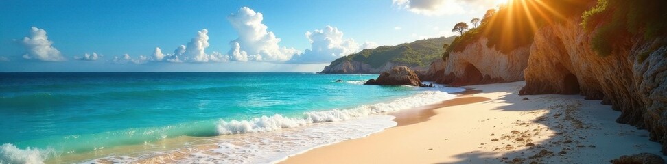 Sun-drenched Cathedral Cove beach, summer vista, holiday, stunning, ocean