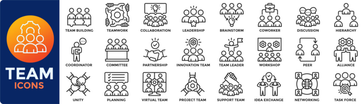 Team icon set. Containing collaboration, teamwork, team building, leadership, unity, coworker, project team, support team icon. Modern line vector illustration.