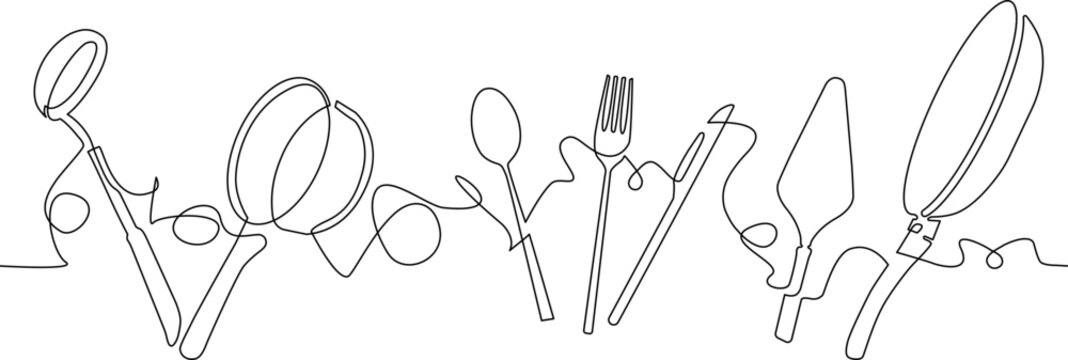  Isolated continuous line drawing illustration of Utensils. Background for Restaurant, Kitchen or Food blog. Vector art.
