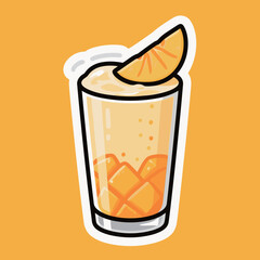 A refreshing and delicious mango smoothie or cocktail in a glass, a cute sticker illustration for drink and summer-themed designs.