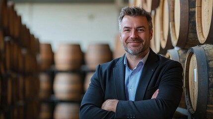 A man in a suit standing in front of rows of wooden barrels with his arms crossed smiling confidently