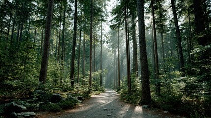 Fototapeta premium Path Through a Dense Forest with Sunlight