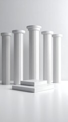 Five white columns and a two-tiered square platform against a white backdrop