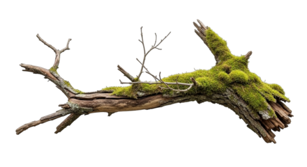 A fallen tree branch covered with vibrant green moss and lichen rests against a transparent space.