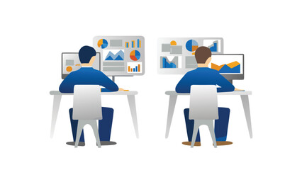 Two people analyzing data on computers with charts and graphs on the screen in an office setting