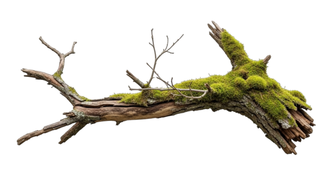 A fallen tree branch covered with vibrant green moss and lichen rests against a transparent space.
