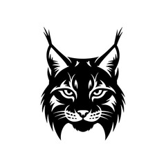 Obraz premium Stylized lynx face illustration. Monochrome vector graphic of a lynx head, featuring detailed fur, pointed ears, and intense eyes. Black and white wildcat logo, emblem, or icon design element. Wildli