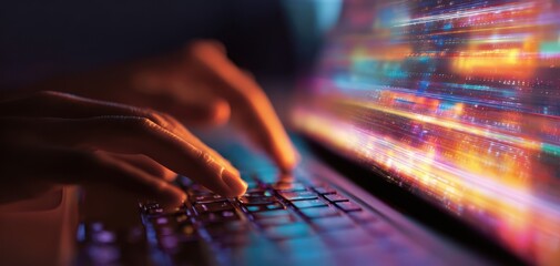 The hands typing on a laptop create a vibrant display of digital colors.
