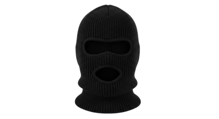 Black knitted balaclava mask with three holes covering the head and face for anonymity.