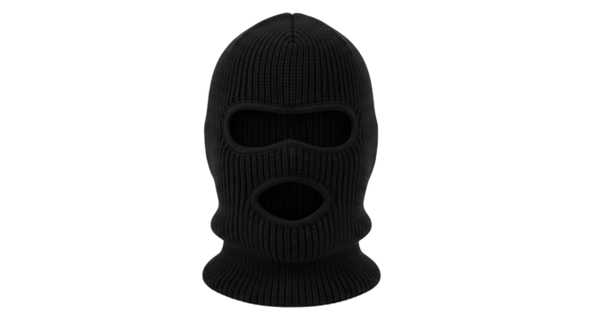 Black knitted balaclava mask with three holes covering the head and face for anonymity.