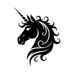 Fototapeta premium Unicorn head vector illustration with flowing mane, spiral curls, and pointed horn. Black and white silhouette, mythical creature design for logo, tattoo, or decorative element.