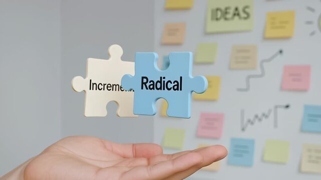 Innovator dilemma with incremental and radical innovation puzzle pieces floating above hand inspiring creativity and strategic problem solving