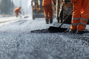 Road workers spreading fresh asphalt using rakes and shovels during ongoing road construction, enhancing urban infrastructure and transportation