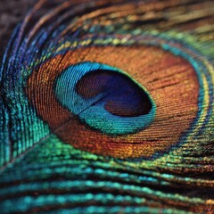 Obraz premium Macro view of a vibrant peacock feather showing iridescent blue, green, gold, and brown colors