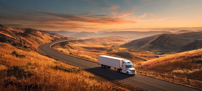 The truck driving along a winding road through scenic golden hills at sunset.