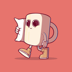 Cute Coffee Character Walking with Pillow vector illustration. Drink, mascot design concept.