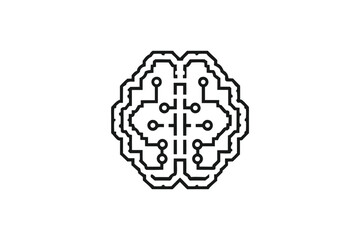 Black outline of a stylized brain looks like a circuit board on white