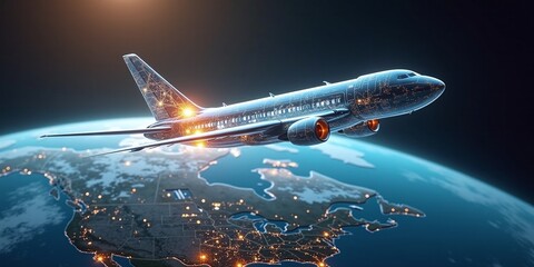 airplane soars above a brightly lit Earth, symbolizing global travel and connection