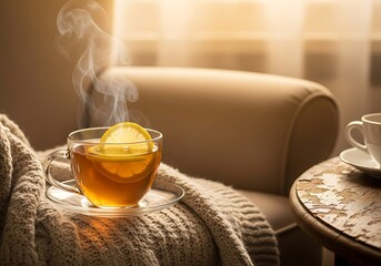 A cup of warm lemon tea resting on a cozy knit blanket.