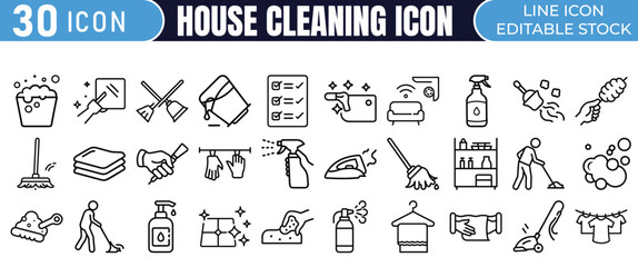 Household Cleaning Tools and Supplies Outline Icons.

