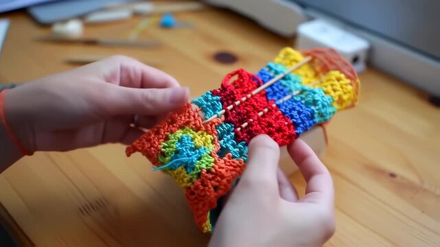 Close-up shot of hands knitting colorful patchwork fabric, a creative handmade project