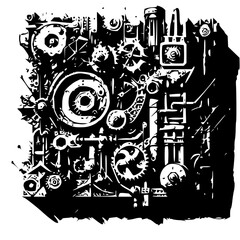 Illustration of a complex mechanical system featuring gears pipes and various intricate components in black and white