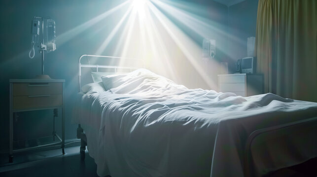"Hospital bed with soul rising toward white light